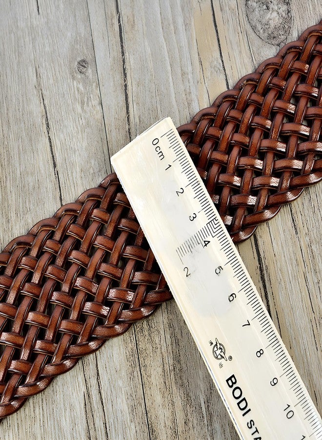 ANNULOYA 2 Inch Wide Leather Braided Belts for Women Hand Made Soft Woven Waistbands with Round Golden Pin Buckle (Brown) - Image 4